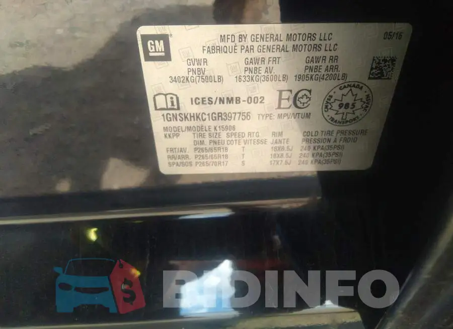 1GNSKHKC1GR397756 Photo# 9
