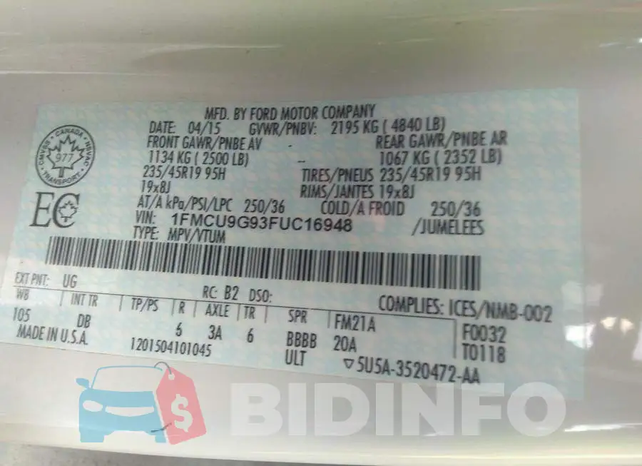 1FMCU9G93FUC16948 Photo# 9