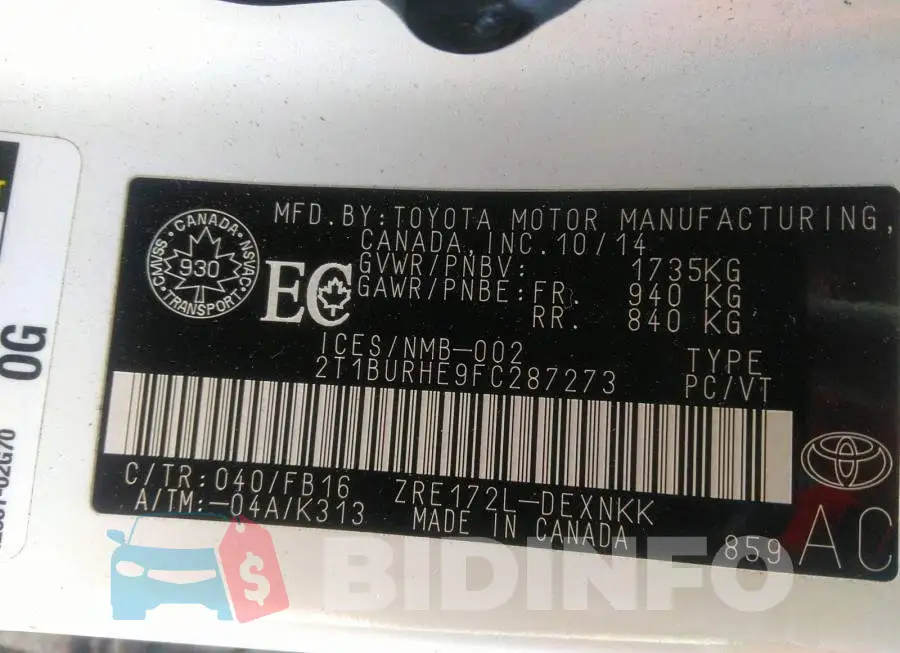 2T1BURHE9FC287273 Photo# 9