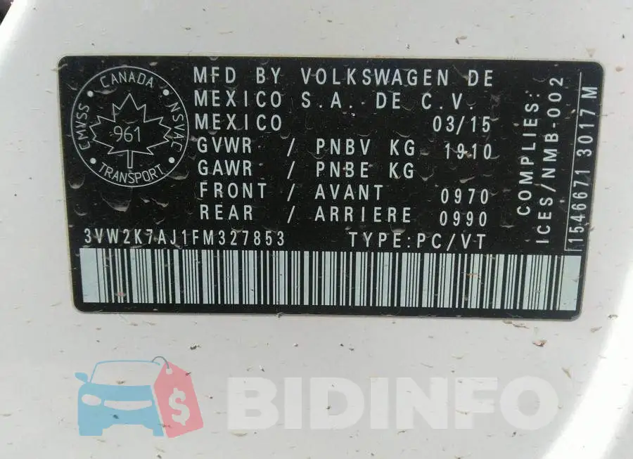 3VW2K7AJ1FM327853 Photo# 9