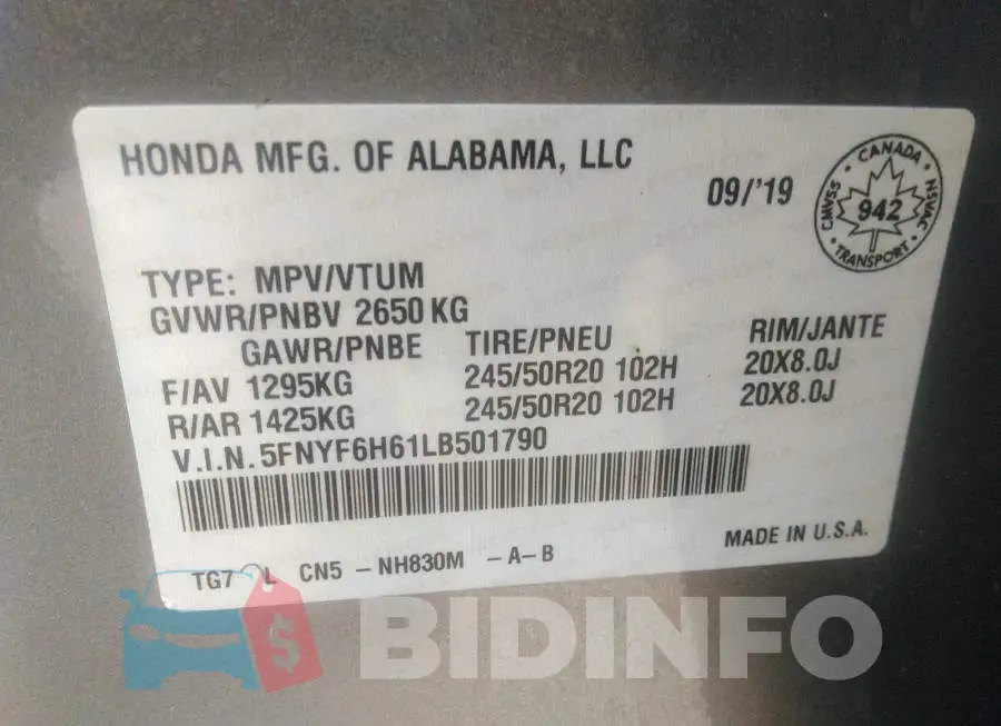 5FNYF6H61LB501790 Photo# 9