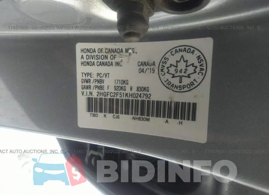 2HGFC2F51KH024792 Photo# 9