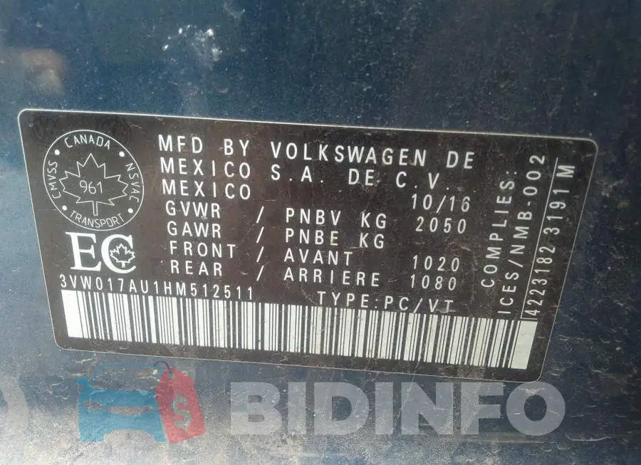 3VW017AU1HM512511 Photo# 9