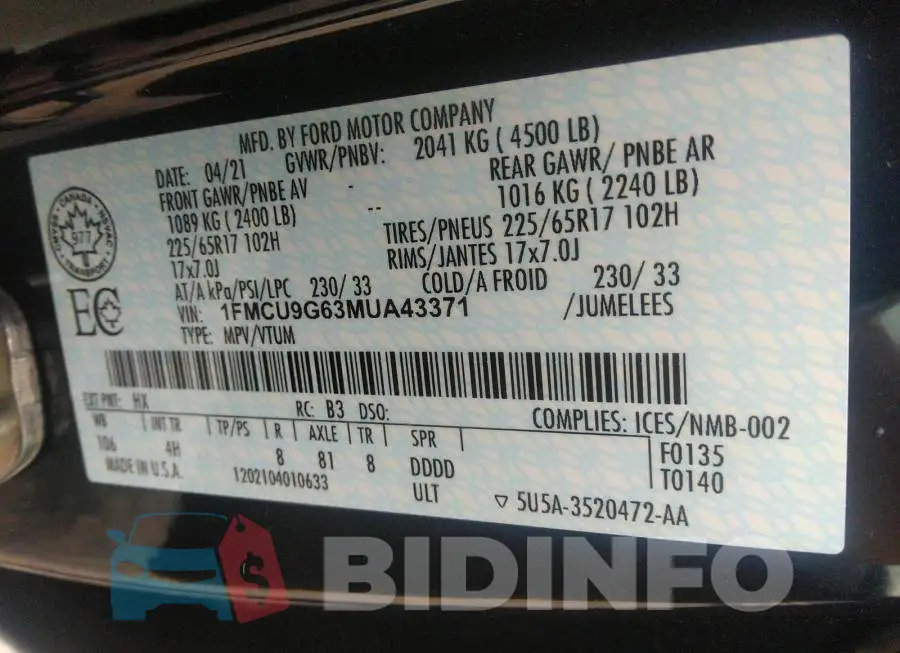 1FMCU9G63MUA43371 Photo# 9