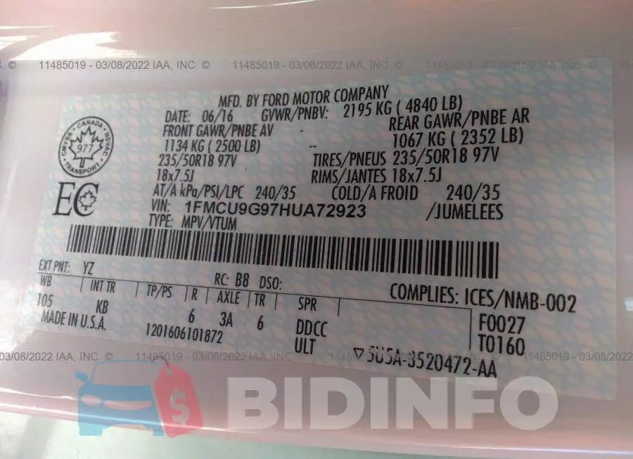 1FMCU9G97HUA72923 Photo# 9