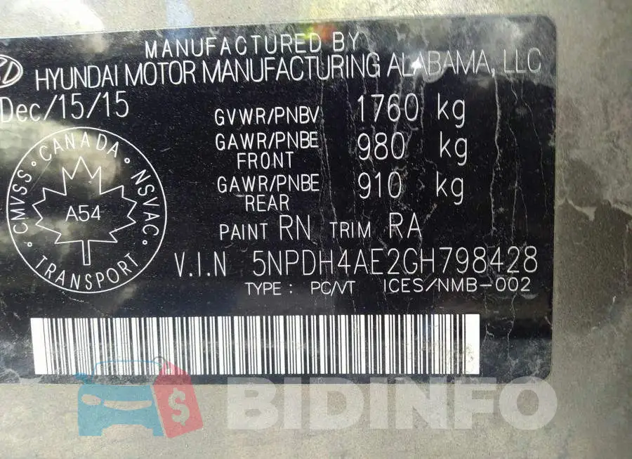 5NPDH4AE2GH798428 Photo# 9
