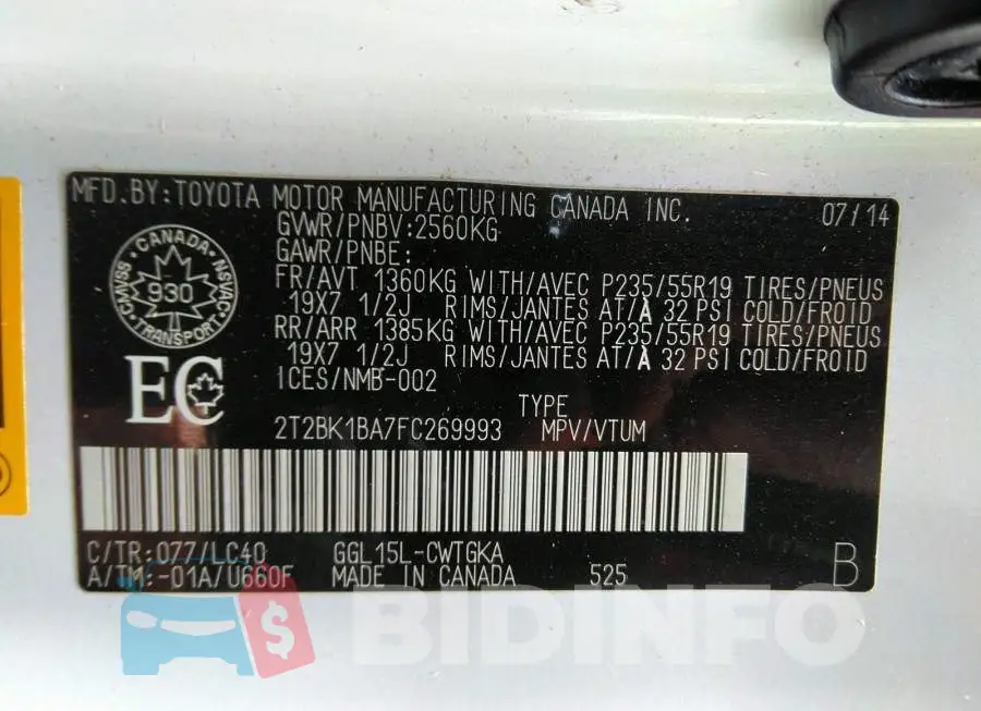 2T2BK1BA7FC269993 Photo# 9