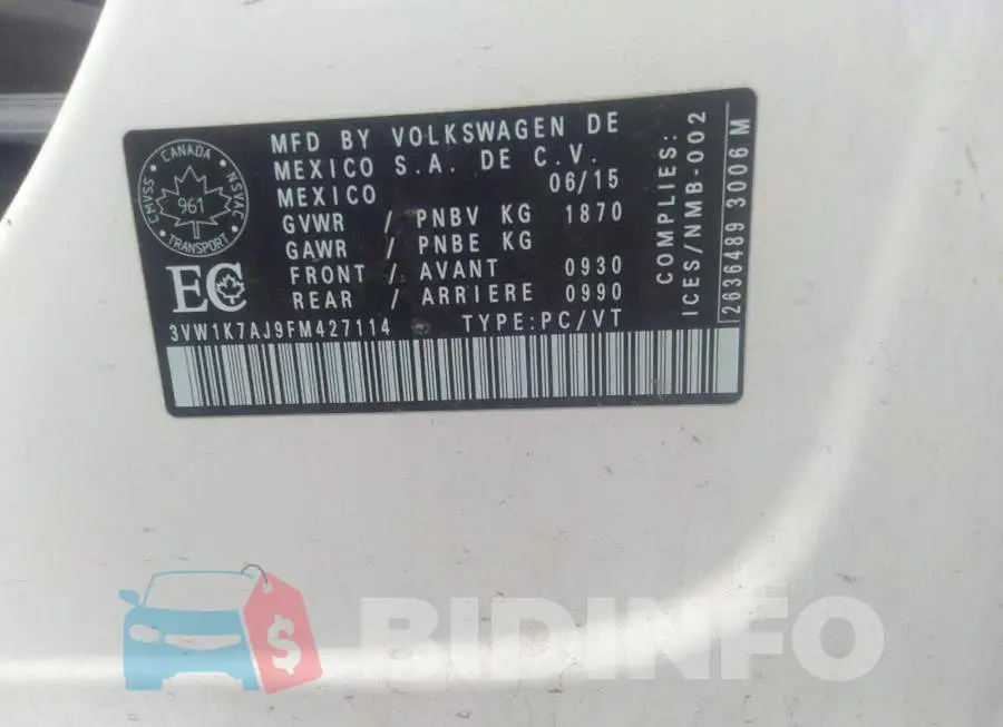 3VW1K7AJ9FM427114 Photo# 9