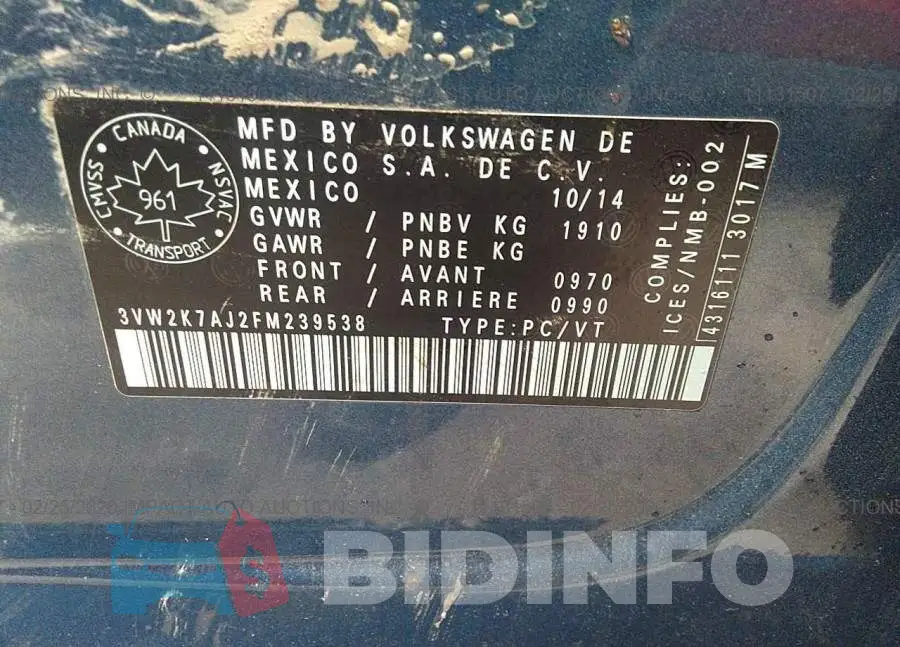 3VW2K7AJ2FM239538 Photo# 9