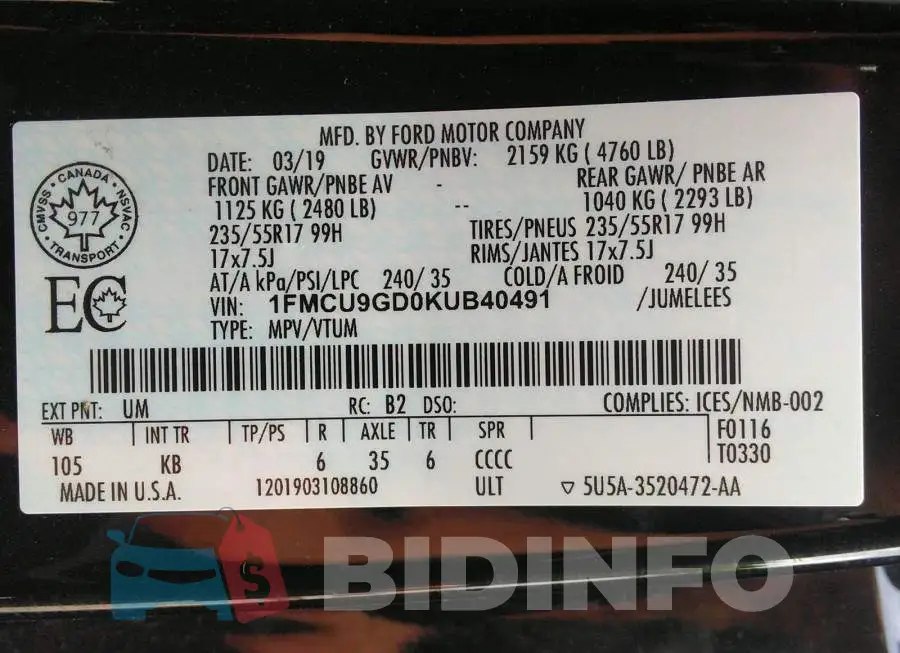 1FMCU9GD0KUB40491 Photo# 9