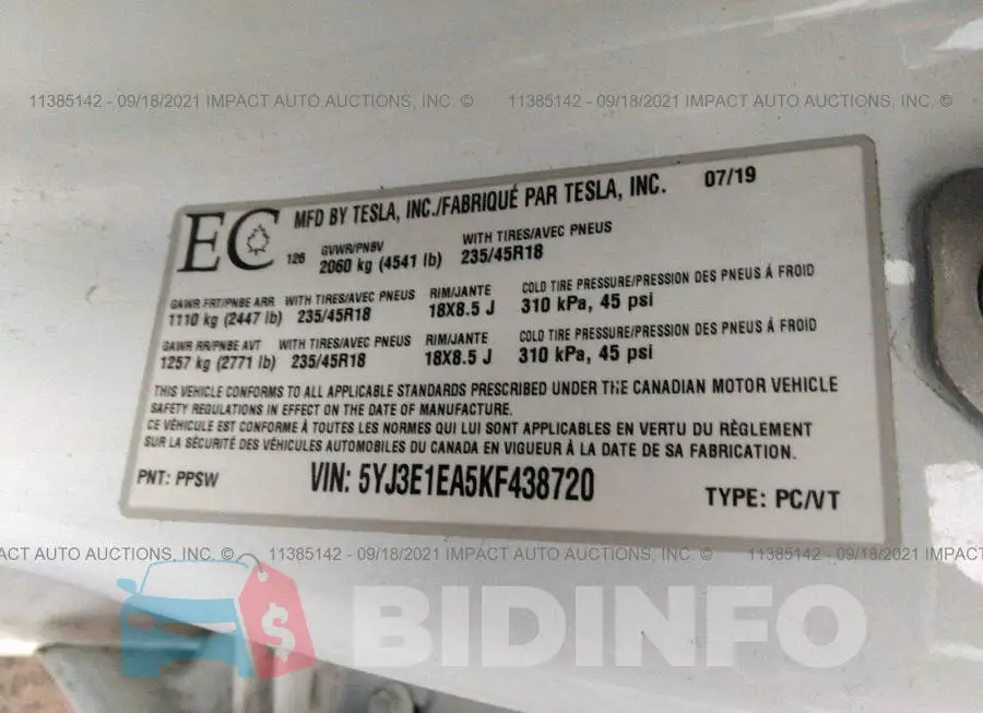 5YJ3E1EA5KF438720 Photo# 8