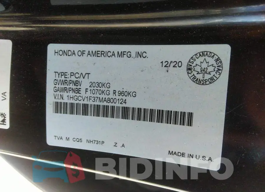 1HGCV1F37MA800124 Photo# 9