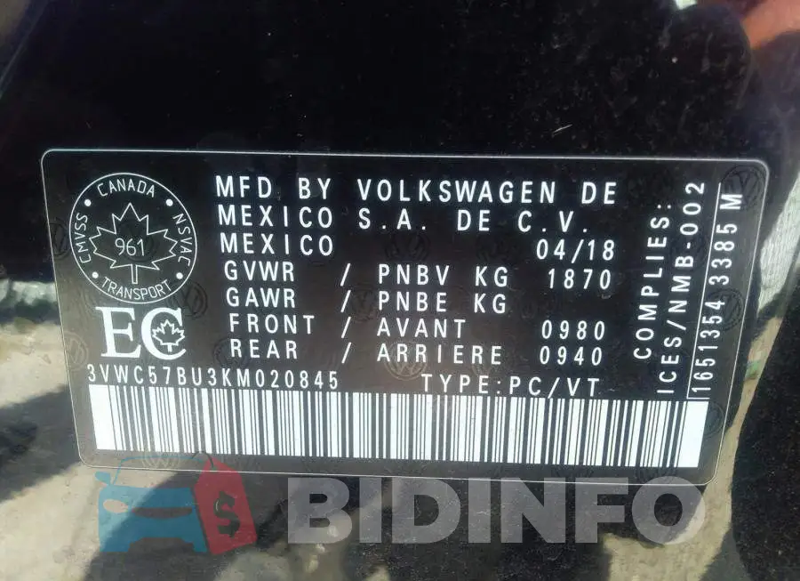 3VWC57BU3KM020845 Photo# 9