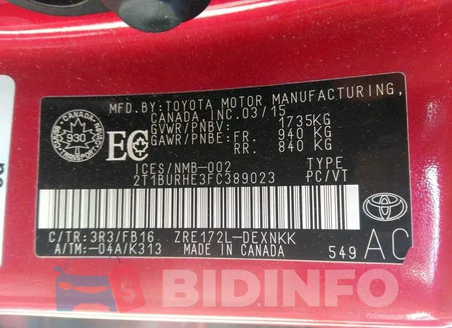 2T1BURHE3FC389023 Photo# 9
