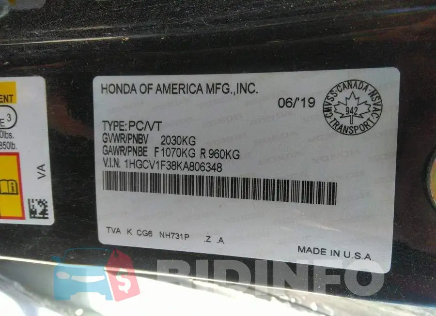 1HGCV1F38KA806348 Photo# 9
