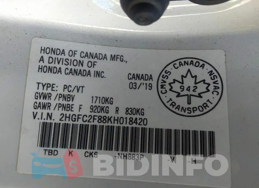 2HGFC2F88KH018420 Photo# 9