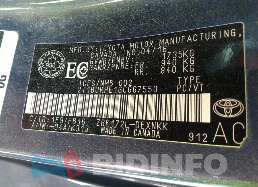 2T1BURHE1GC667550 Photo# 9