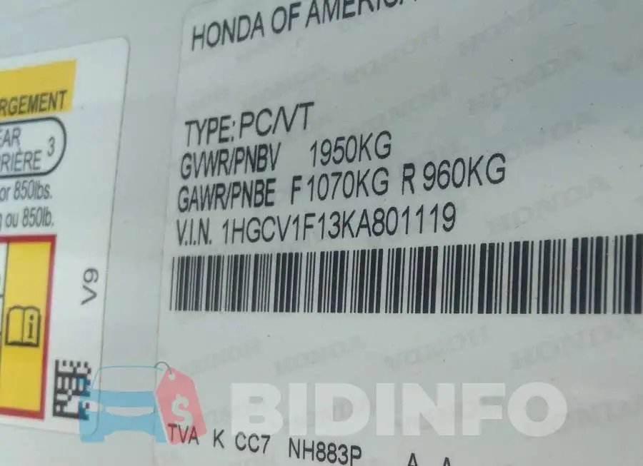 1HGCV1F13KA801119 Photo# 9