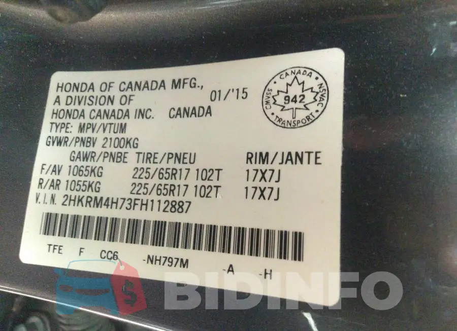 2HKRM4H73FH112887 Photo# 9