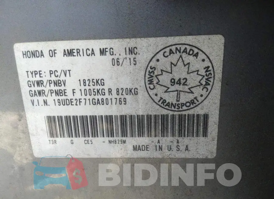 19UDE2F71GA801769 Photo# 9