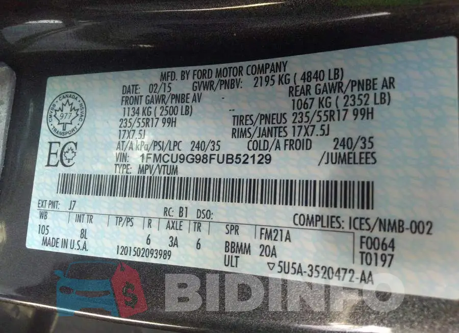1FMCU9G98FUB52129 Photo# 9