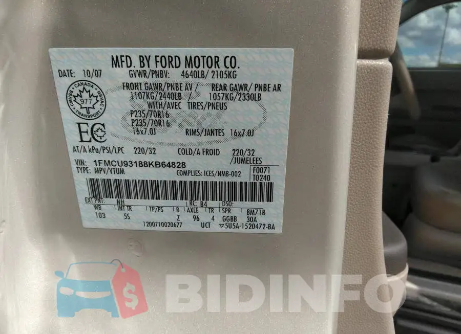 1FMCU93188KB64828 Photo# 9