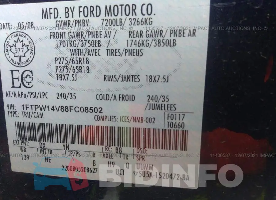 1FTPW14V88FC08502 Photo# 9