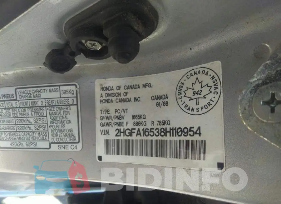 2HGFA16538H110954 Photo# 9