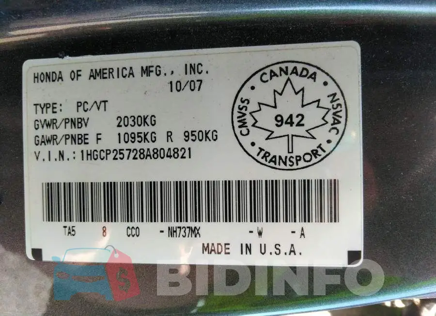 1HGCP25728A804821 Photo# 9