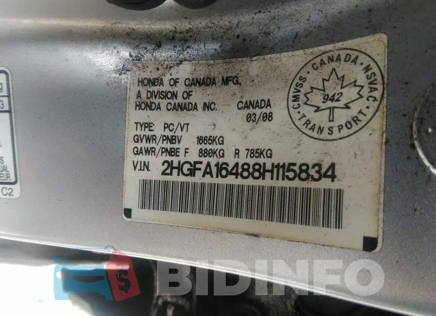2HGFA16488H115834 Photo# 9