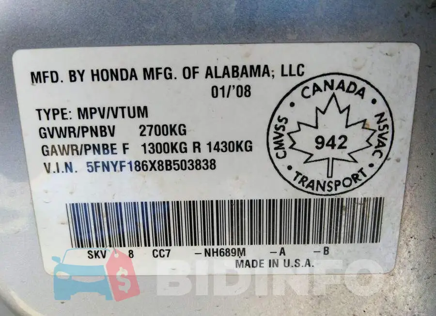 5FNYF186X8B503838 Photo# 9