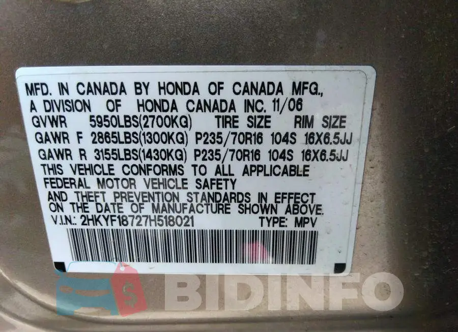2HKYF18727H518021 Photo# 9