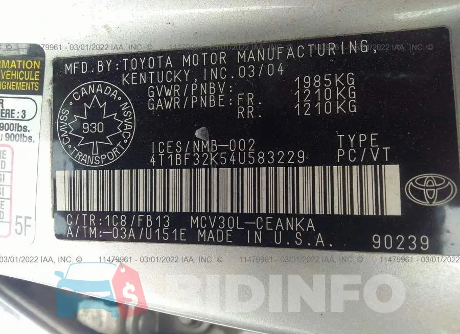 4T1BF32K54U583229 Photo# 9