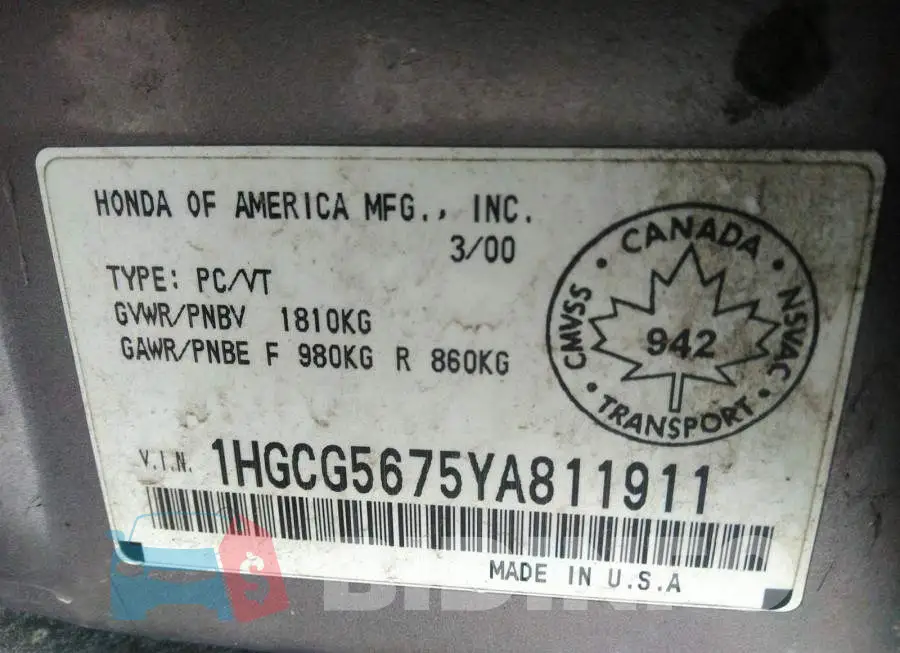 1HGCG5675YA811911 Photo# 9