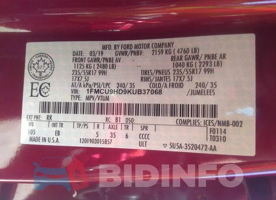 1FMCU9HD9KUB37068 Photo# 9