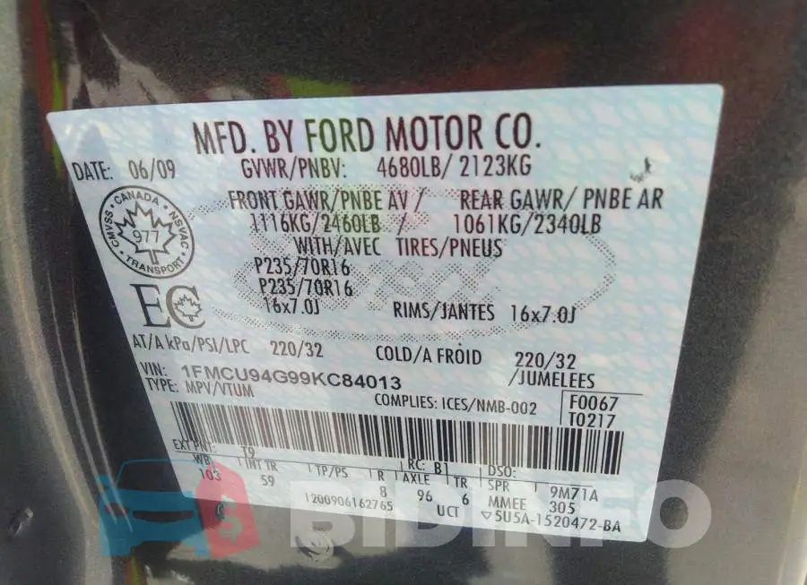 1FMCU94G99KC84013 Photo# 9