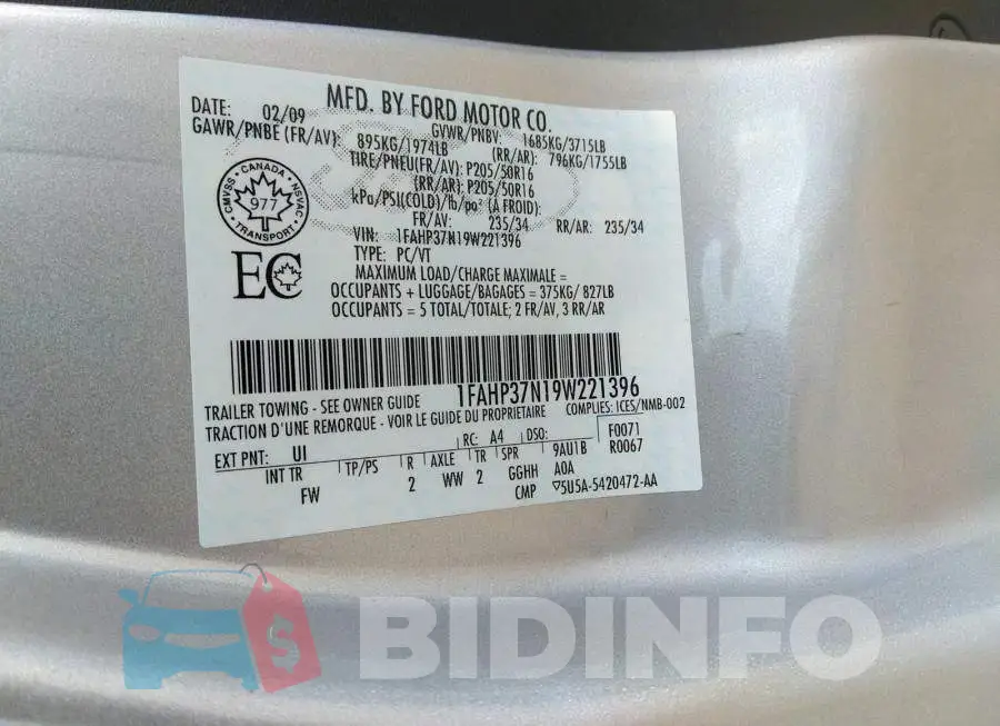 1FAHP37N19W221396 Photo# 9