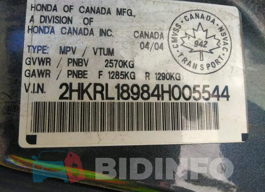 2HKRL18984H005544 Photo# 9