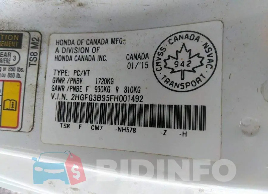 2HGFG3B95FH001492 Photo# 9
