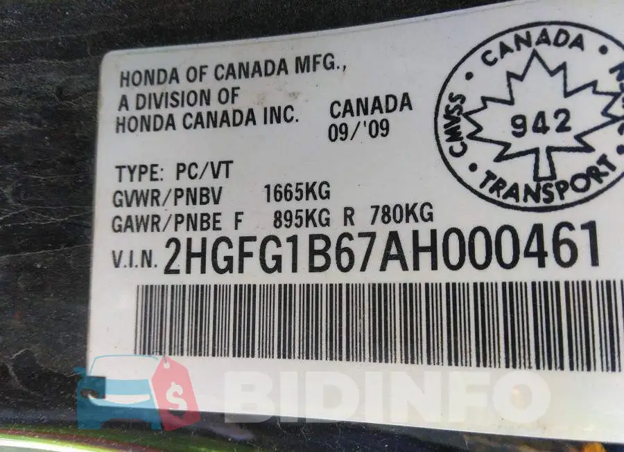2HGFG1B67AH000461 Photo# 9
