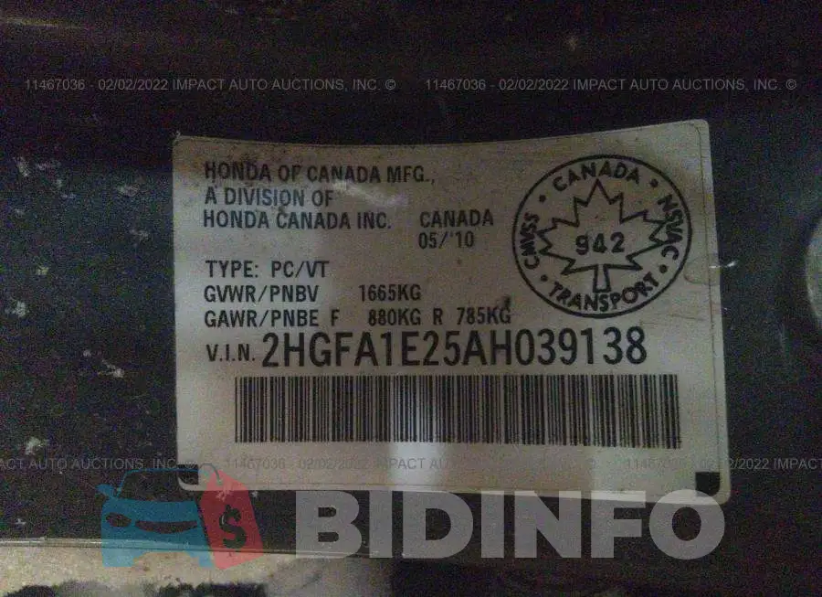 2HGFA1E25AH039138 Photo# 9