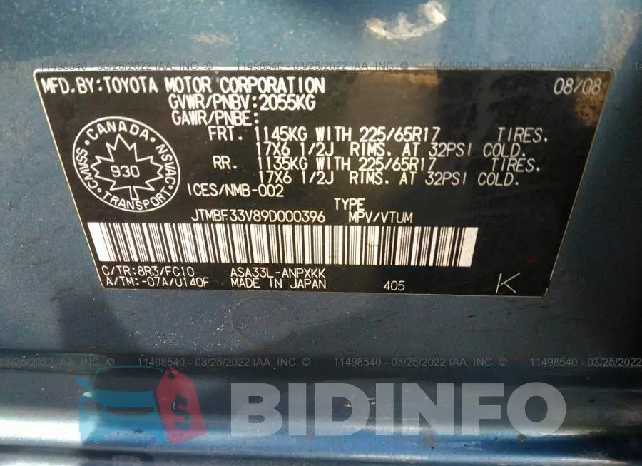 JTMBF33V89D000396 Photo# 9