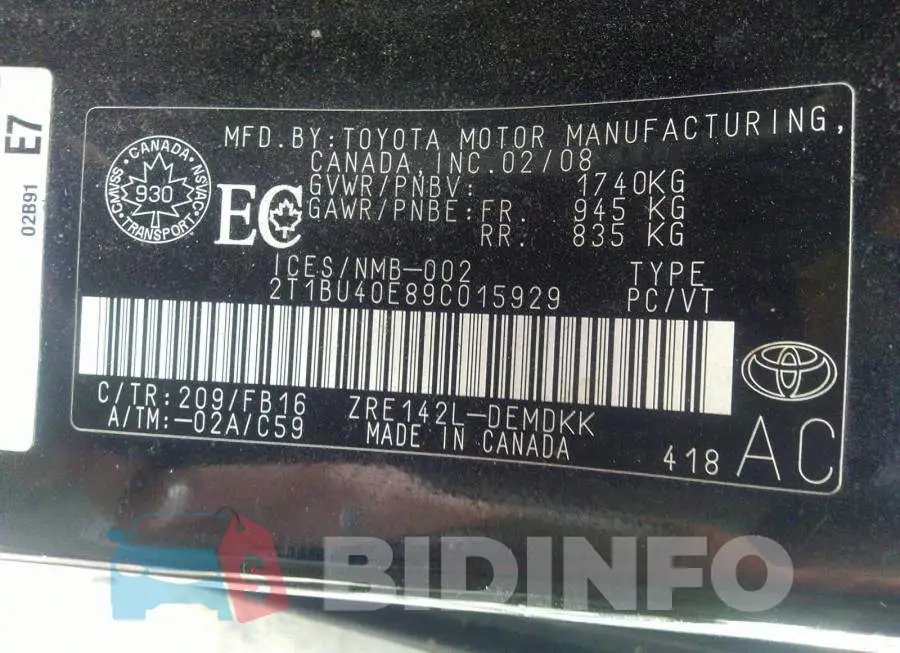 2T1BU40E89C015929 Photo# 9