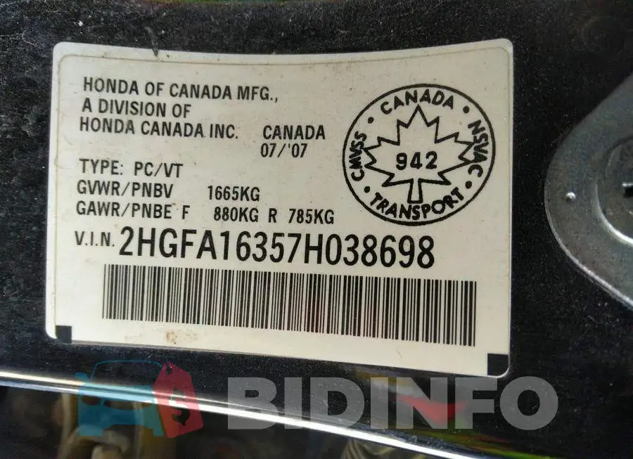 2HGFA16357H038698 Photo# 9