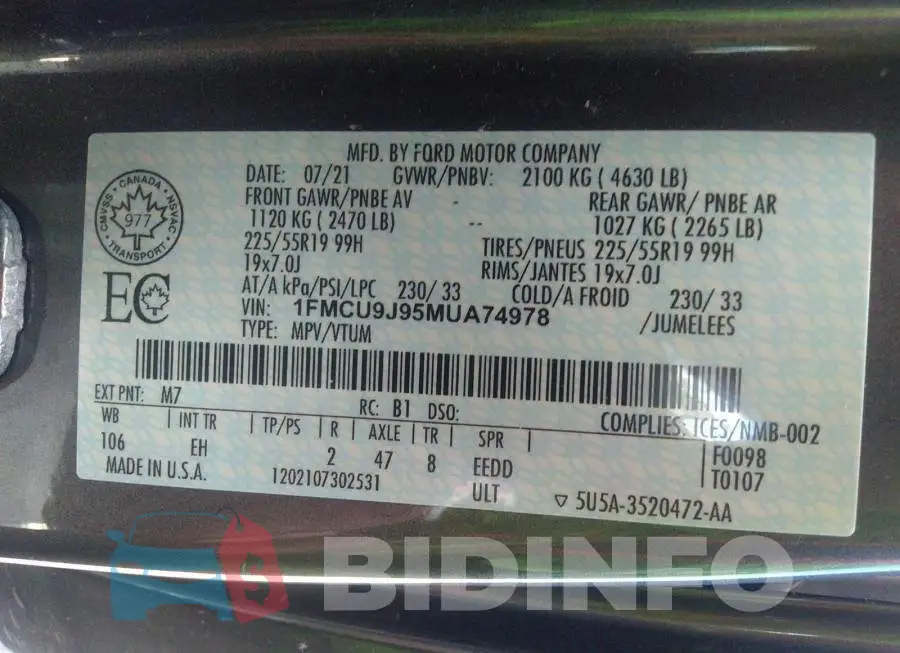 1FMCU9J95MUA74978 Photo# 9
