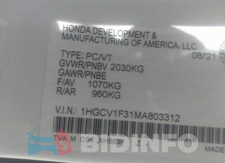 1HGCV1F31MA803312 Photo# 9