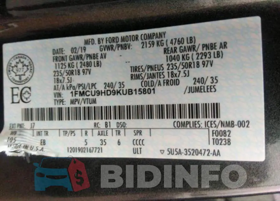 1FMCU9HD9KUB15801 Photo# 10