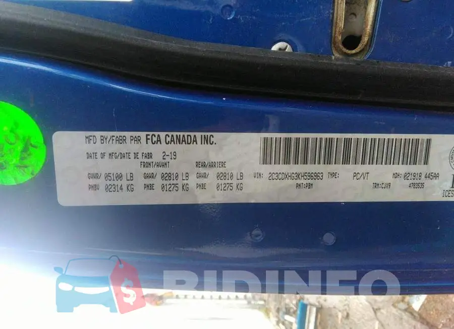 2C3CDXHG3KH596963 Photo# 9