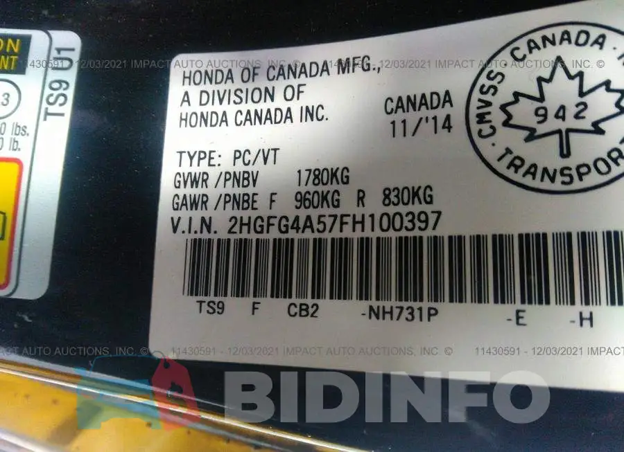 2HGFG4A57FH100397 Photo# 9