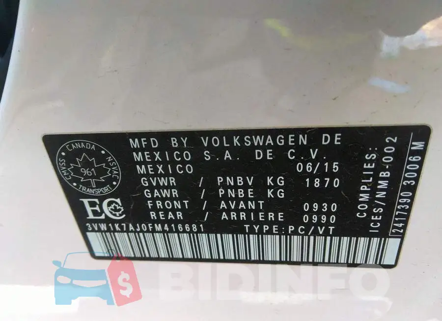 3VW1K7AJ0FM416681 Photo# 9